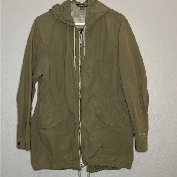 Eddie Bauer Green Hooded Lightweight Mid Length  Rain Jacket Size XL - Picture 1 of 15